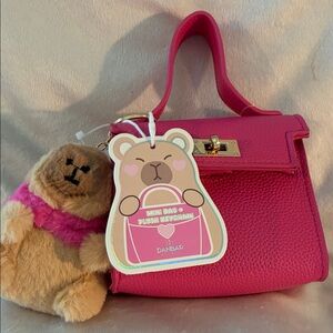 Hot Pink Mini Handbag with Plush Keychain & Chain for crossbody